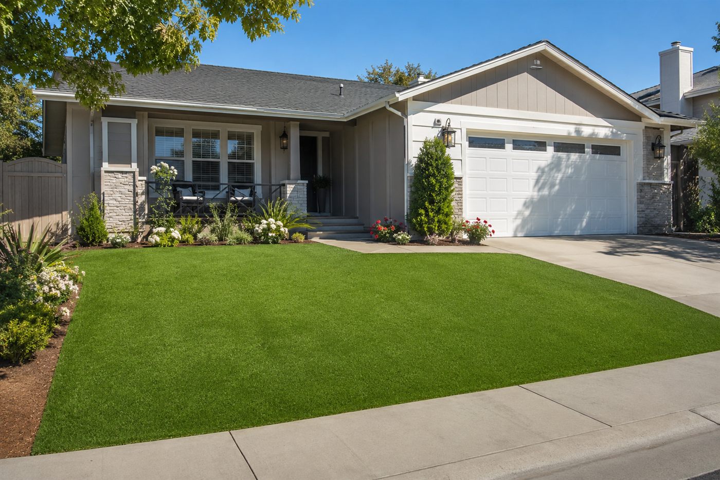 Lush artificial turf front yard of a California home