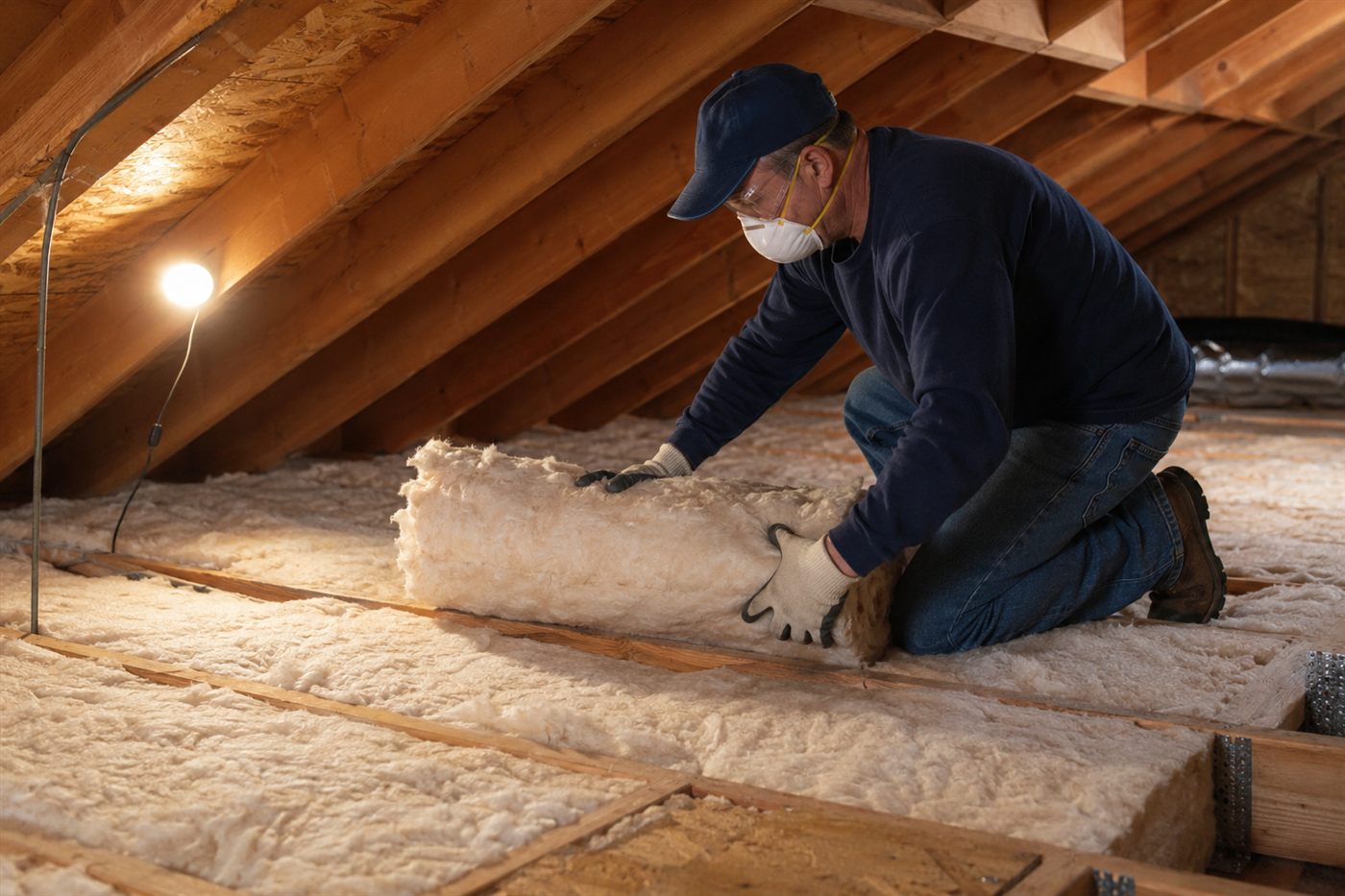 Contractor installing attic insulation in a California home