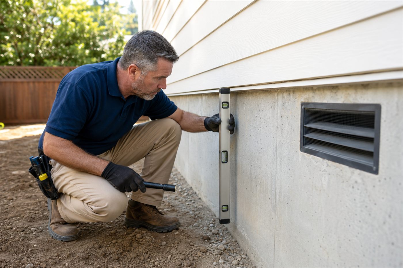 Contractor inspecting a home foundation with a level tool