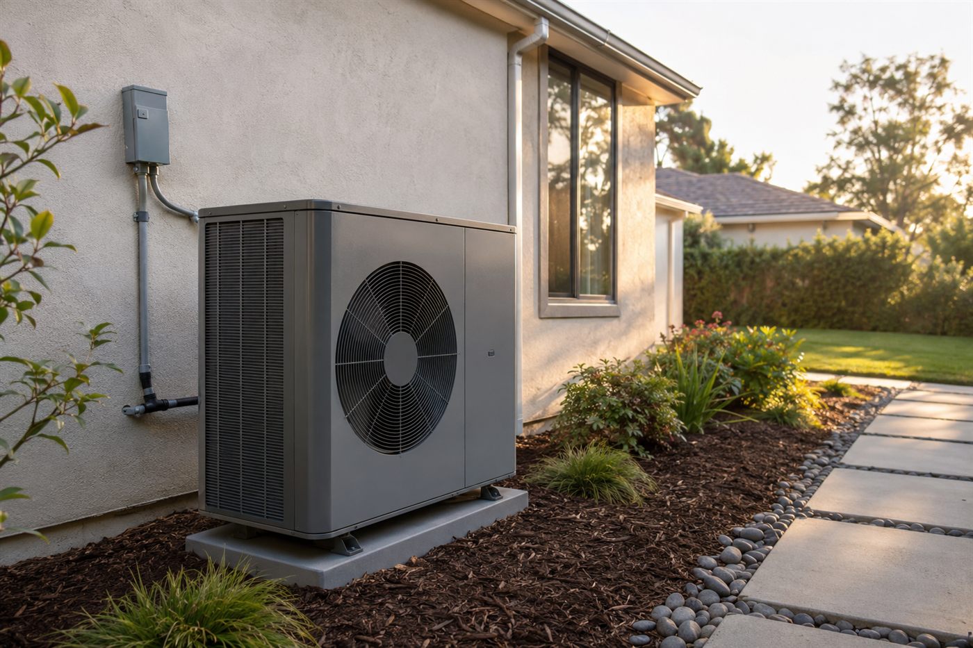 Modern heat pump HVAC unit installed outside a California home