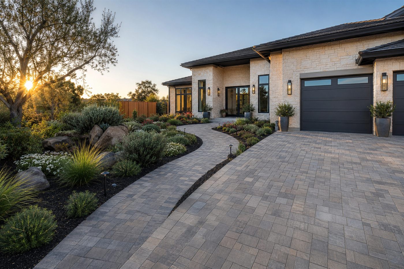 Paver driveway and walkway leading to a California home
