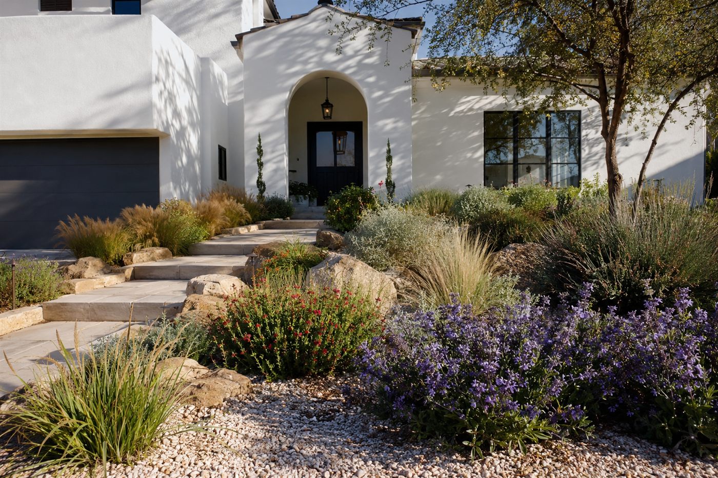 Drought-tolerant water-wise landscaping in front of a California home